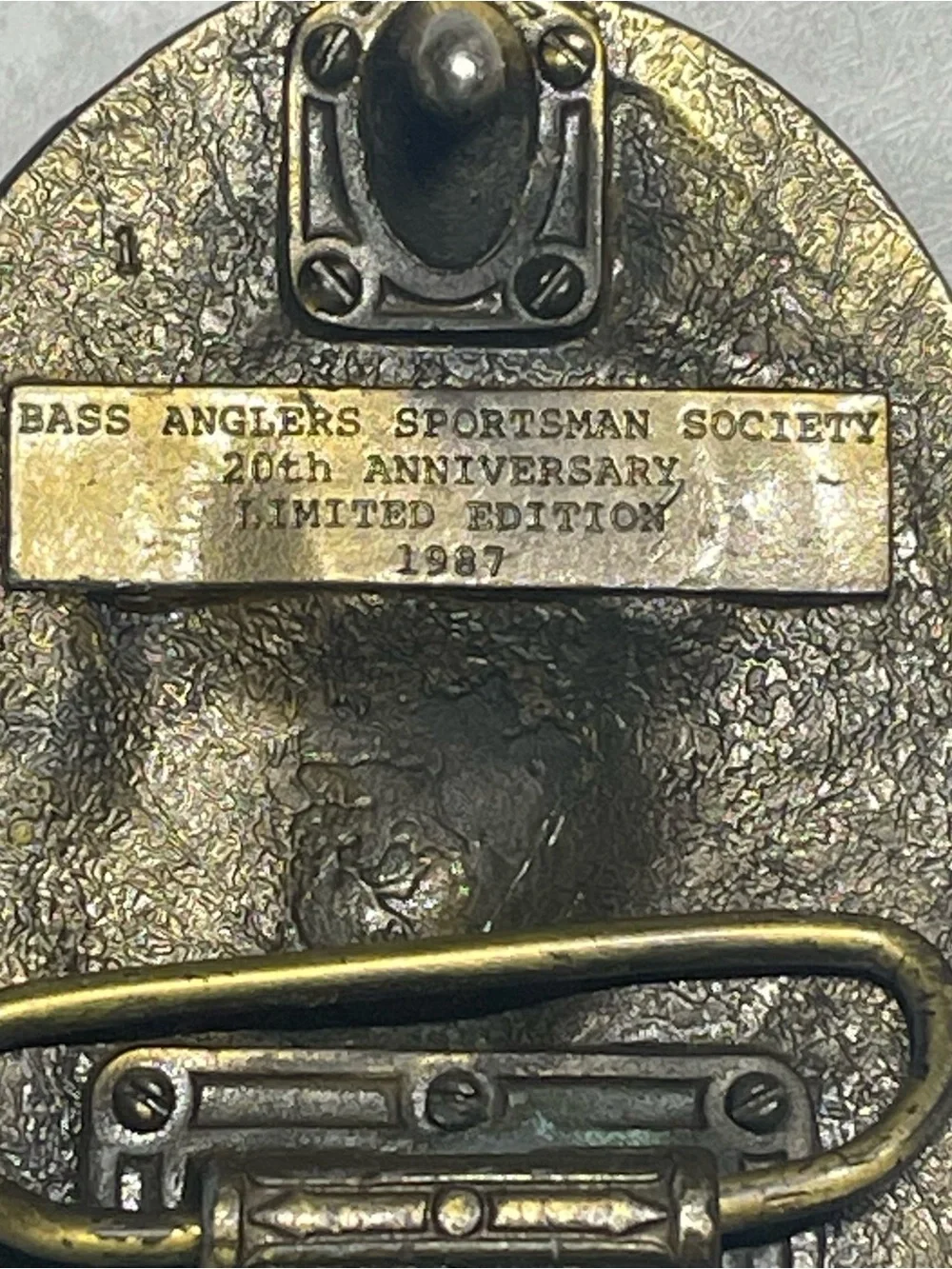 BASS Anglers Sportsman Society 20th Anniversary Brass Belt Buckle - 1987